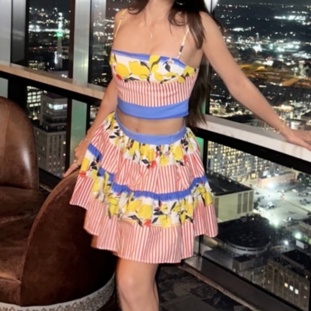 Zara Lemon Print Mini Skirt And Top Set Sz-L